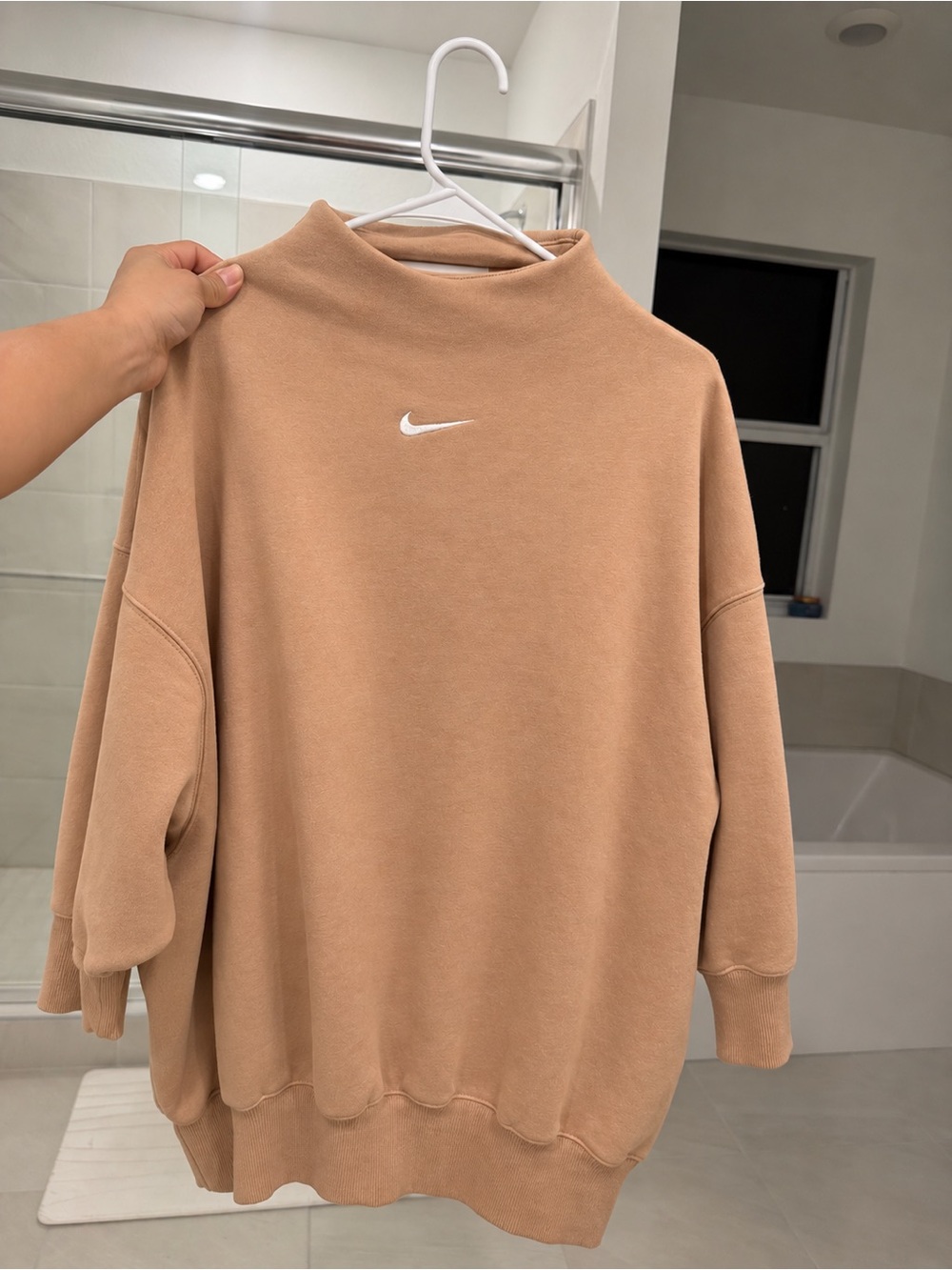 Nike Women's Beige Mock Neck Sweatshirt with White Swoosh